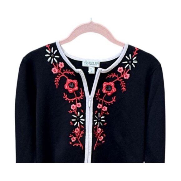 Austin Reed Black Embroidered Floral Cardigan Top Womens L Silk Blend Vintage - Picture 2 of 7